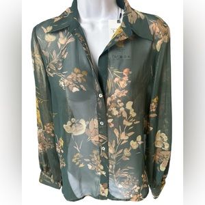 Zara Green Floral Print Sheer Button Shirt Dress Long Sleeve Long -Size L